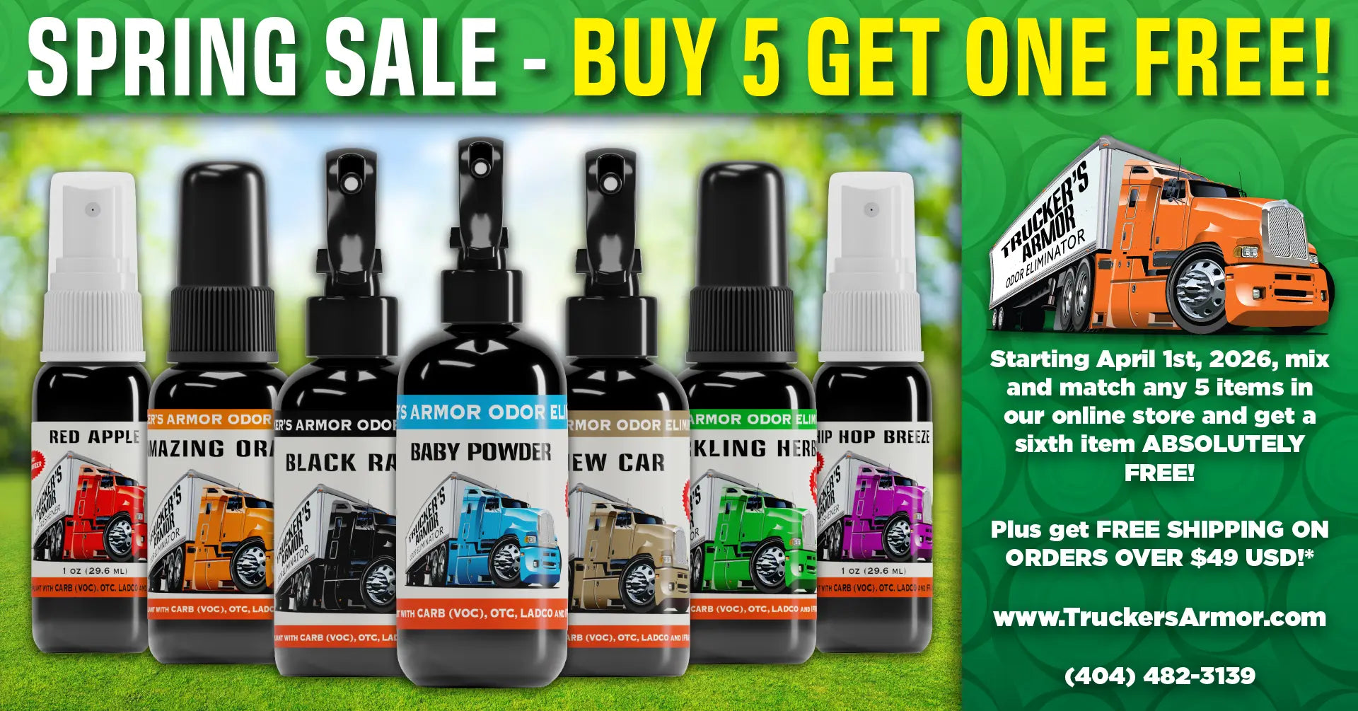 Trucker's Armor Odor Eliminator Spring Sale, Buy 5 Get One Free